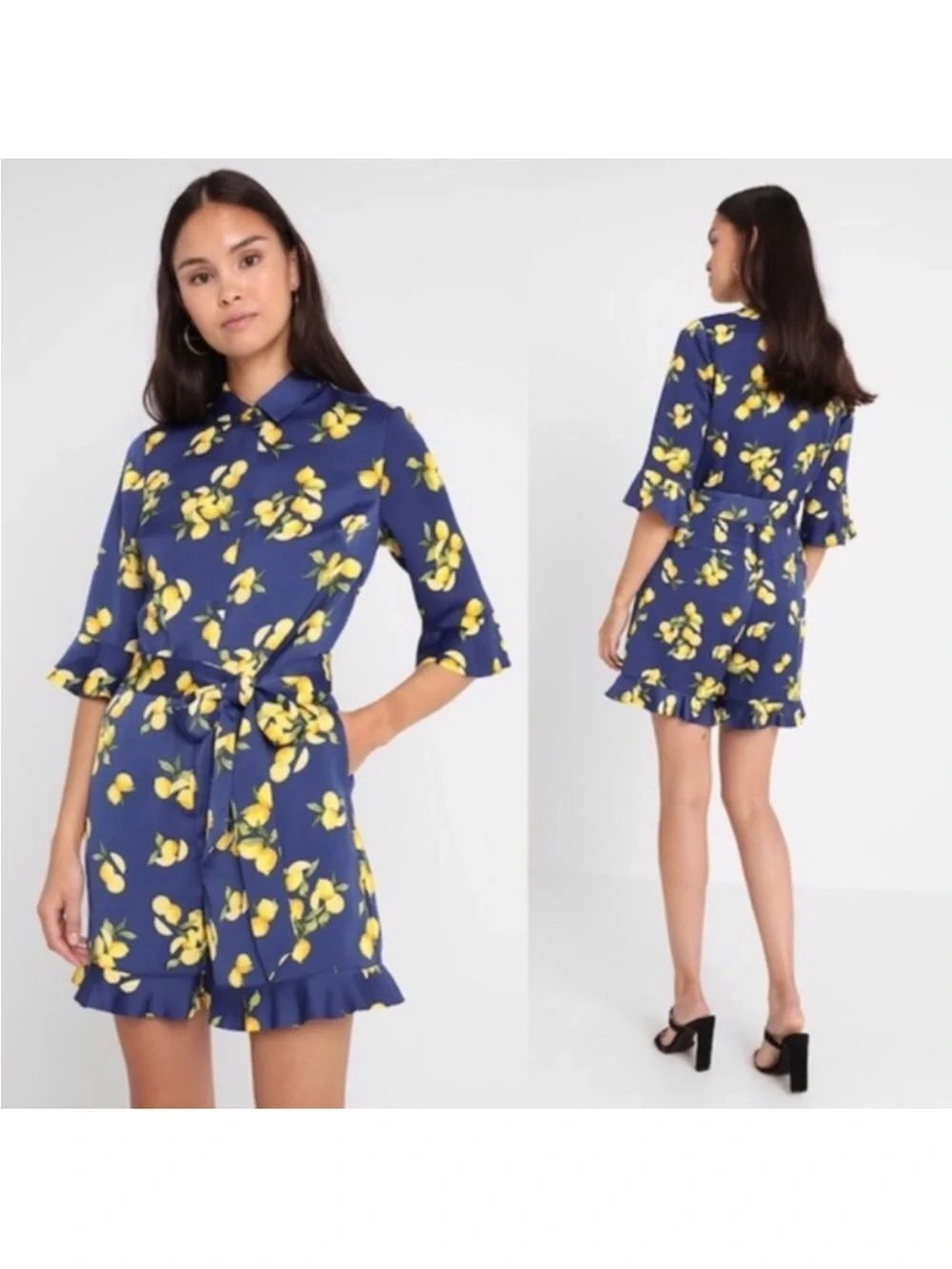 Banana Republic Navy Blue Floral Short Romper with Tie Waist, US6